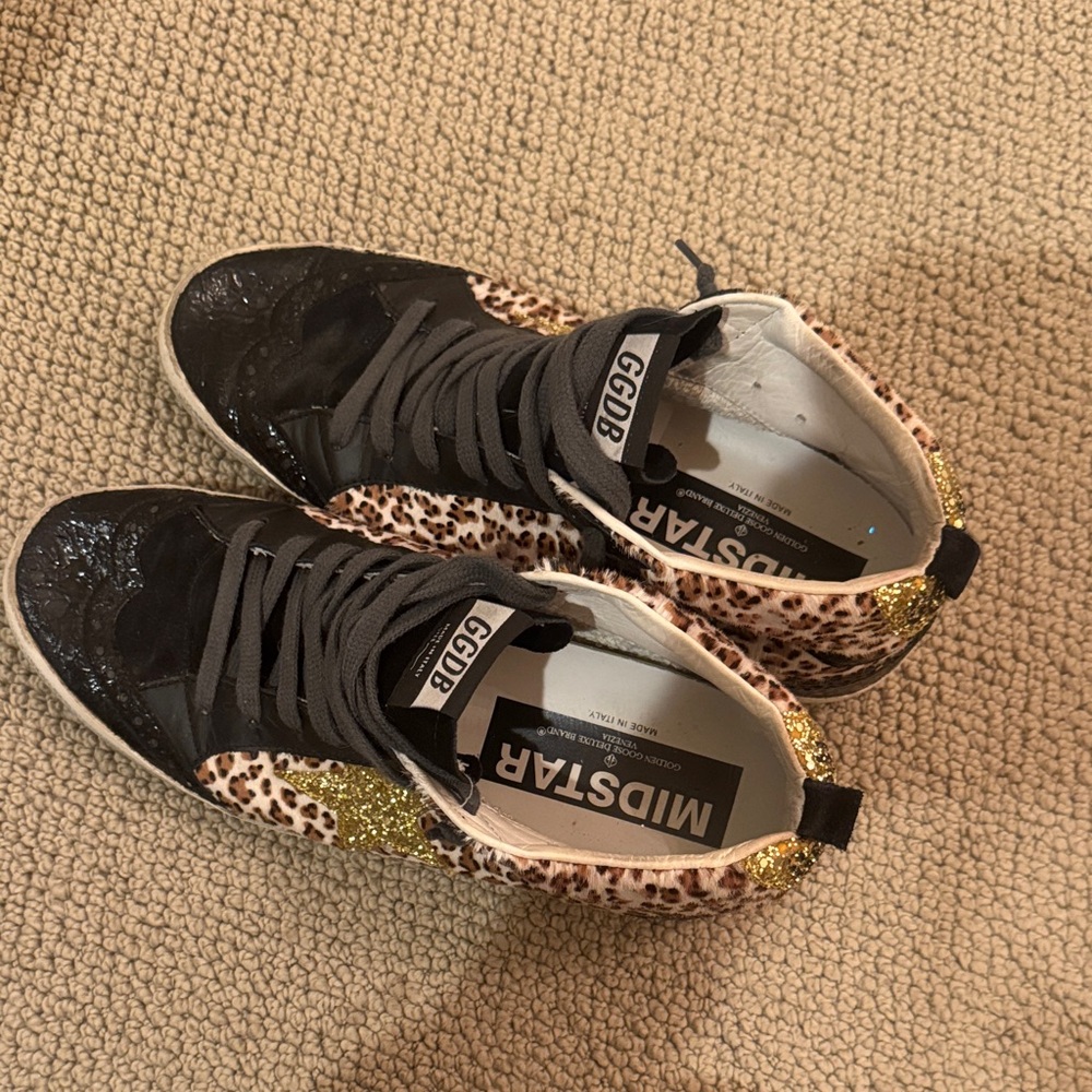 Golden Goose Black and Leopard Women's Sneakers with Gold Accents